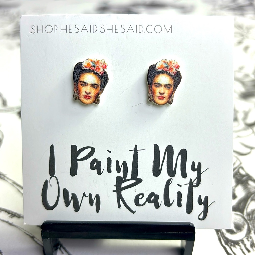 “I Paint My Own Reality” Frida Kahlo Plastic Superfan Earrings on Metal Posts